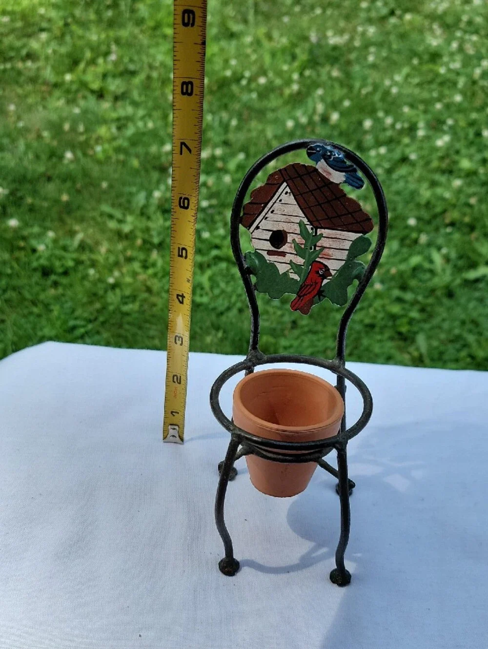 Decorative Iron Mini Chair Planter with Hand-Painted Birdhouse and Cardinal